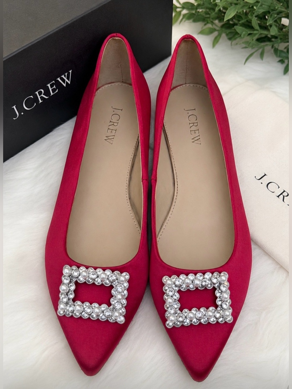 J.Crew NWT Red Satin Jewel-Embellished Ballet Flats | Size 8
